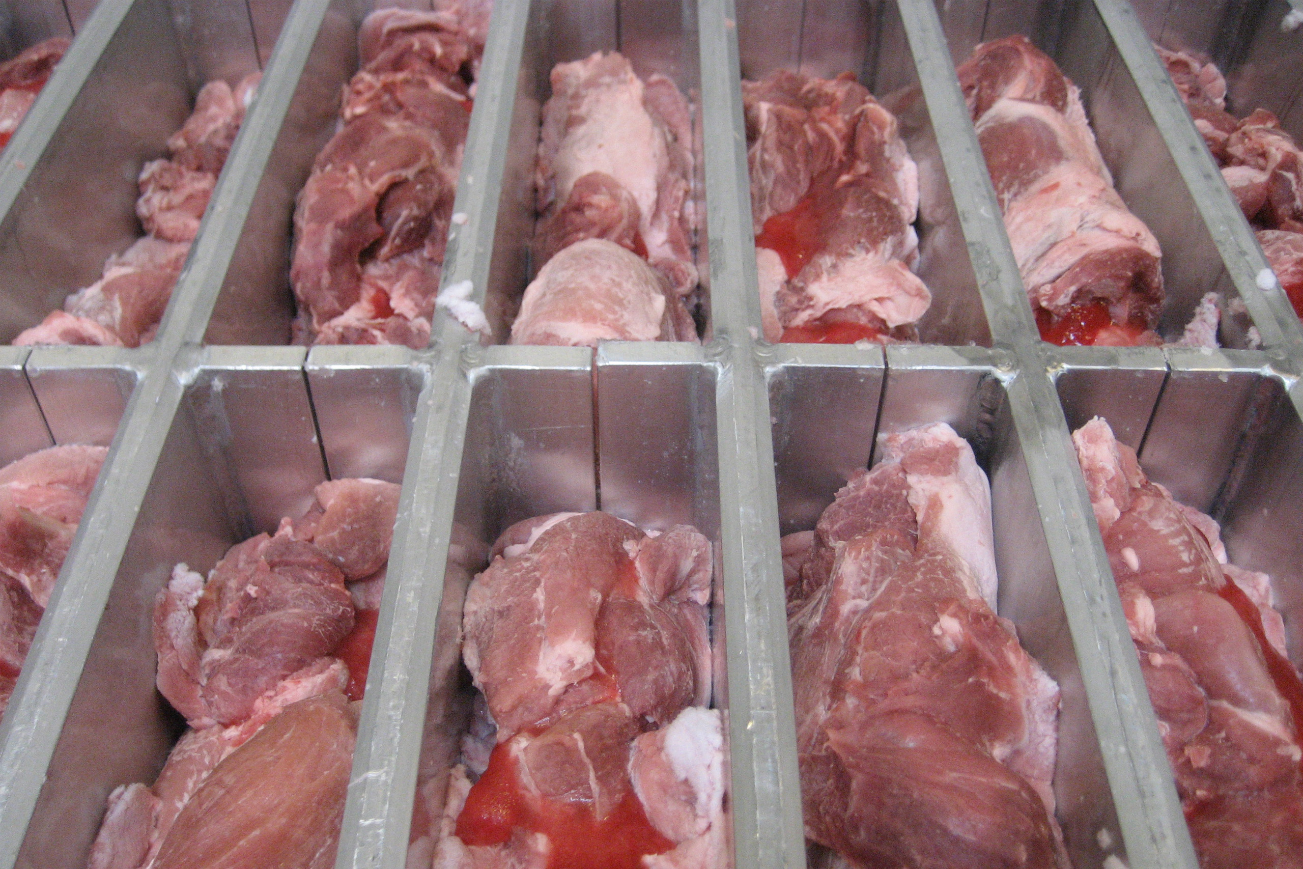 Frozen meat placed in a industrial freezer